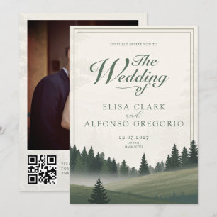 Green Forest Classic Watercolor Photo QR Wedding  Invitation