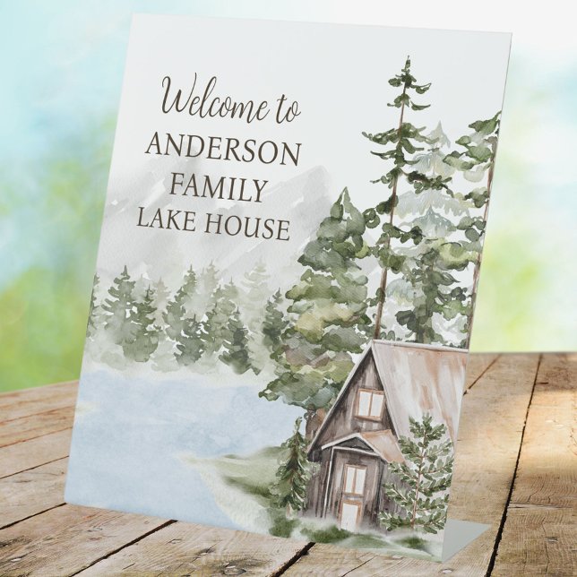 Green Forest Family Lake House Cabin Welcome Pedestal Sign (In situ)