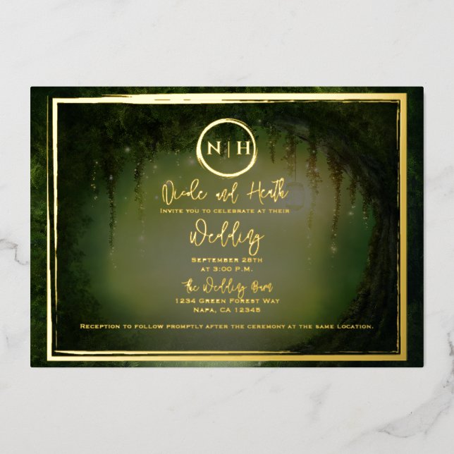 Green Forest Lights Elegant Wedding Photo Gold (Front)