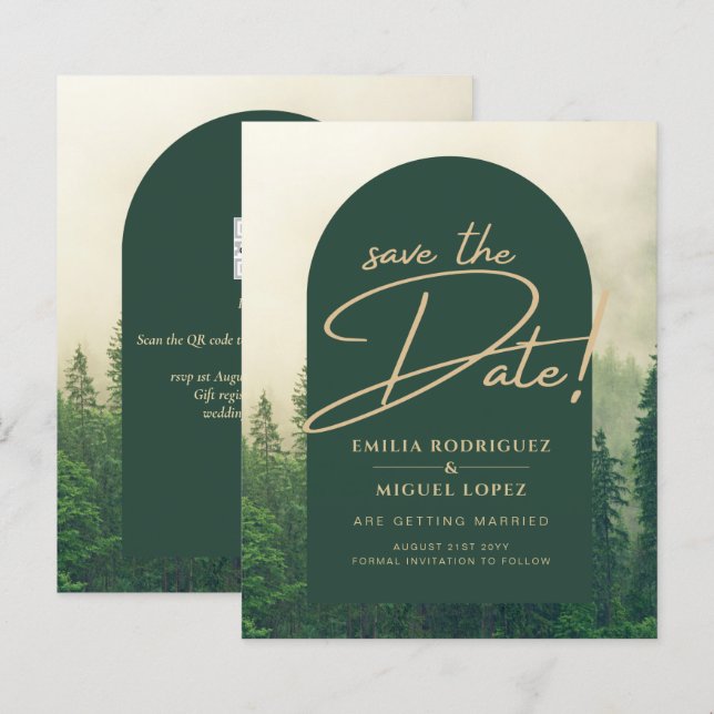 Green Forest mountain Pine Trees Wedding SAVE DATE (Front/Back)