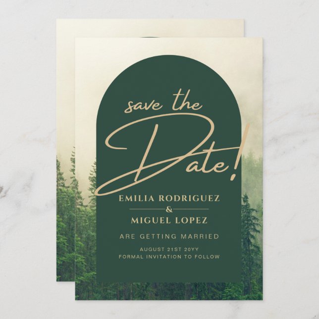 Green Forest mountain Pine Trees Wedding SAVE DATE Invitation (Front/Back)