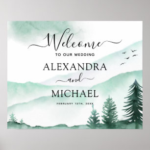 Green Forest Mountain Rustic Watercolor Wedding Poster