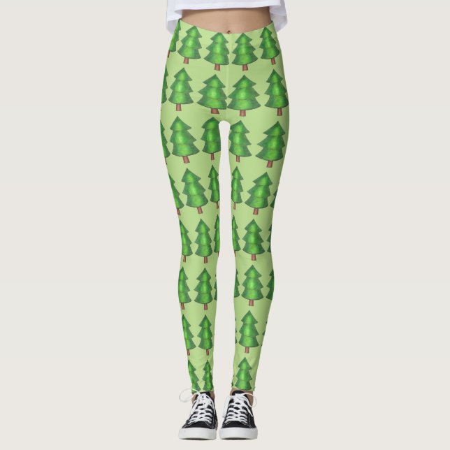 Green Forest Pine Tree Trees Outdoor Camp Leggings (Front)
