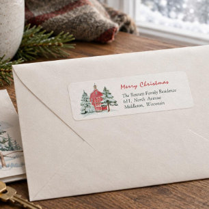Green Forest Red Barn Pine Christmas Tree Address Return Address Label