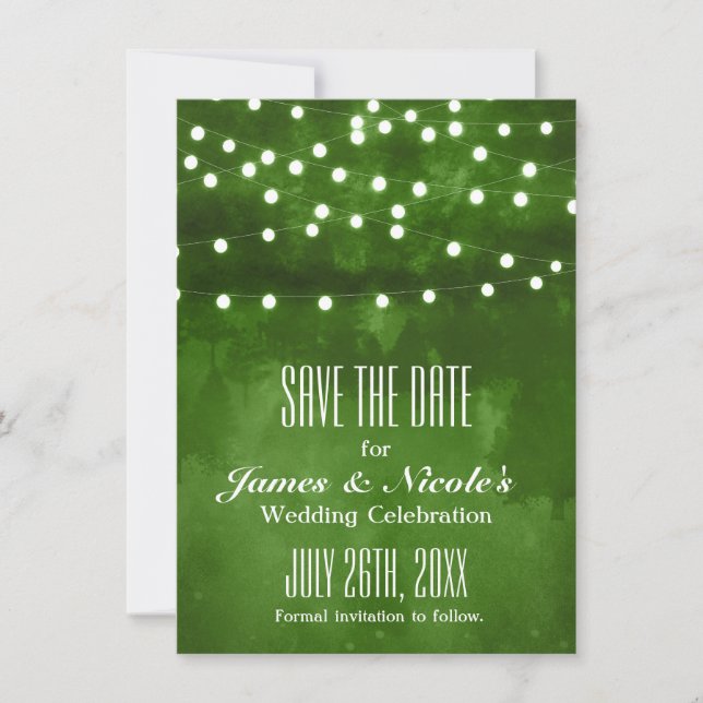Green Forest Rustic String Lights Save The Date (Front)