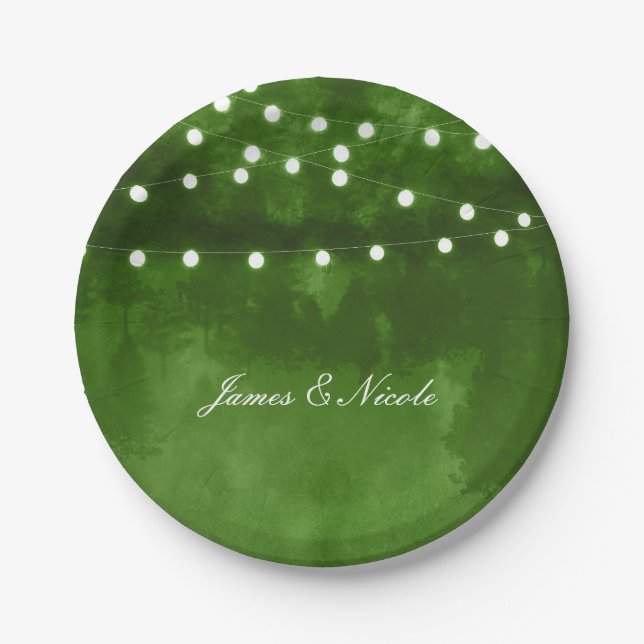 Green Forest Rustic String Lights Wedding Plates (Front)
