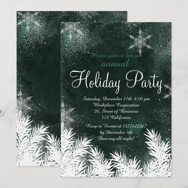 Green forest snowflake winter corporate holiday invitation (Front/Back)