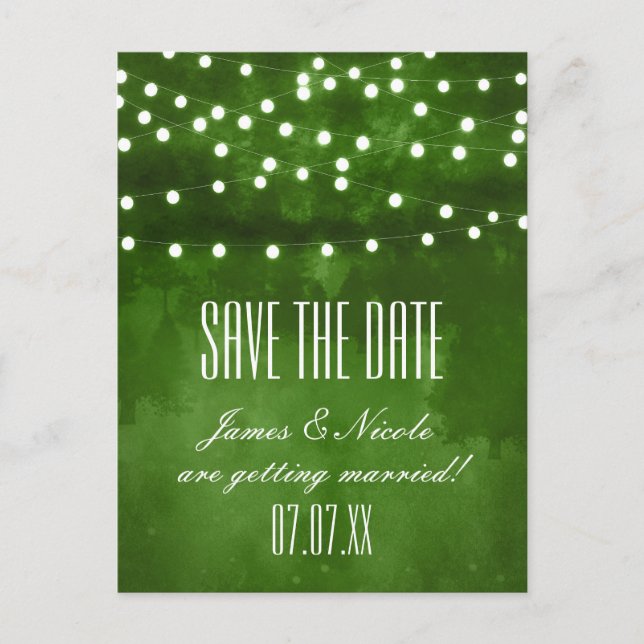 Green Forest String Lights Save Date Postcard (Front)