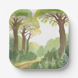 Green Forest Trees Nature Beautiful Watercolor Paper Plate