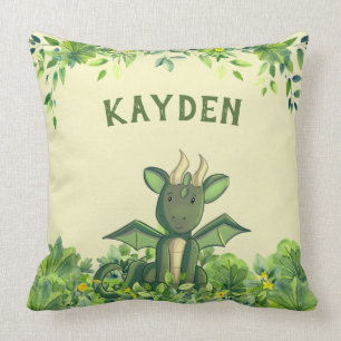 Green Forest Watercolor Baby Dragon Cushion