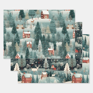 Green Forest Winter Village Wrapping Paper Sheet