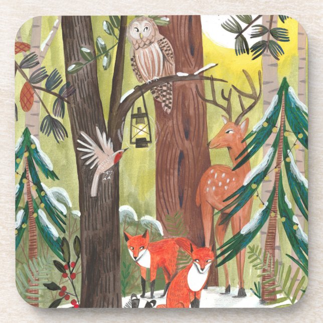 Green forest with winter woodland animals coaster (Front)
