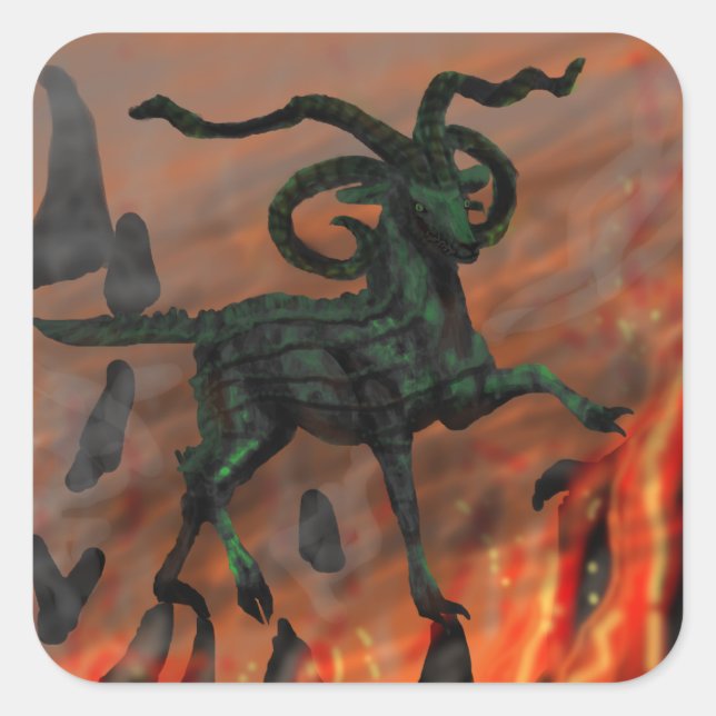 Green Four-horned Demon Goat In Hell Square Sticker (Front)