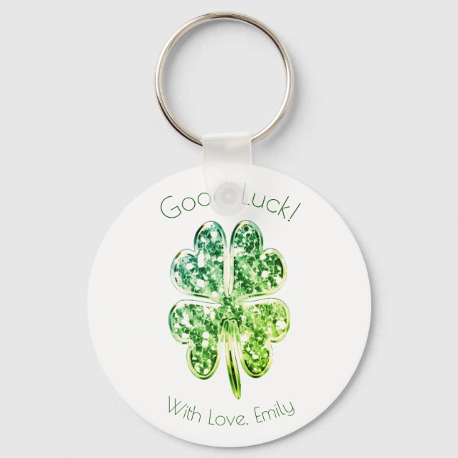 Green Four Leaf Clover Custom Text Good Luck Key Ring (Front)