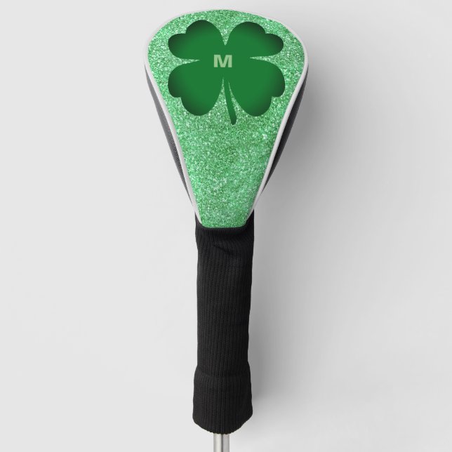 Green Four Leaf Clover Monogrammed Faux Glitter Golf Head Cover (Front)