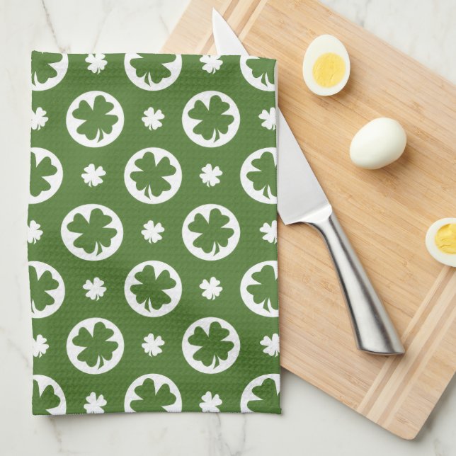 Green Four Leaf Clover Pattern Tea Towel (Quarter Fold)