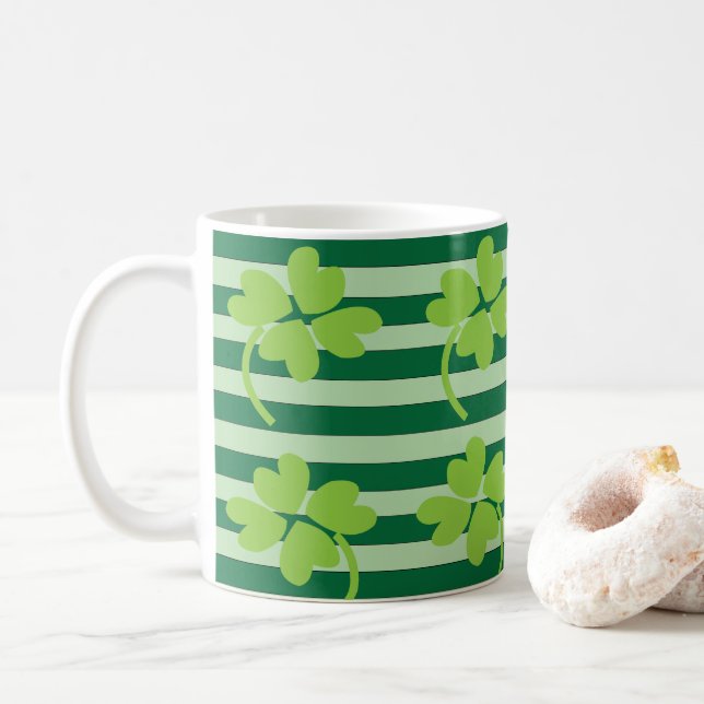 Green Four Leaf Clover St Patricks Day Pattern Coffee Mug (With Donut)