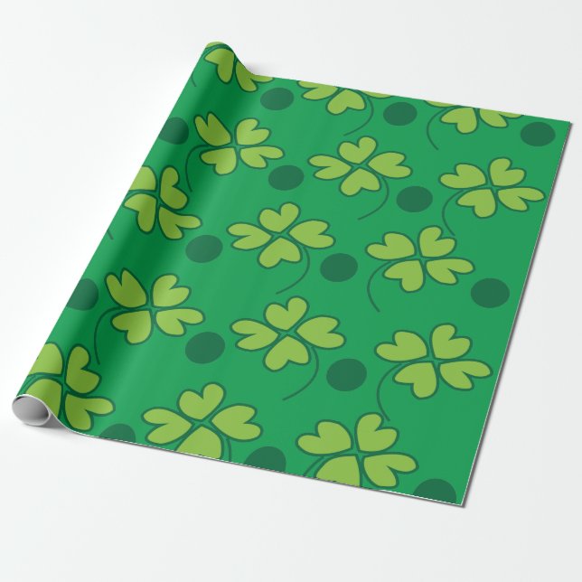 Green Four Leaf Clover St Patricks Day  Wrapping Paper (Unrolled)