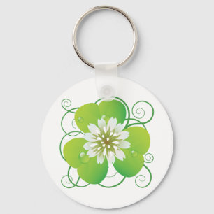 Green Four Leaf Clover with White Floral Bloom Key Ring