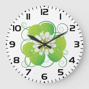 Green Four Leaf Clover with White Floral Bloom Large Clock