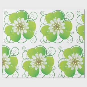 Green Four Leaf Clover with White Floral Bloom Wrapping Paper