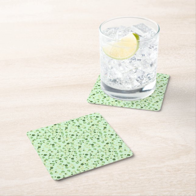 Green Four Leaf Clovers St Patricks Day Square Paper Coaster (Insitu)