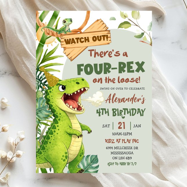 Green Four Rex On The Loose Fourth Birthday Invitation (Creator Uploaded)