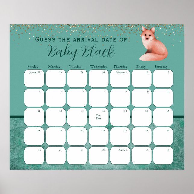 Green Fox Baby Shower Guess The Due Date Poster (Front)
