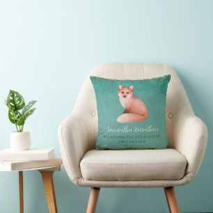 Green Fox Personalised Baby Birth Stats Nursery Cushion