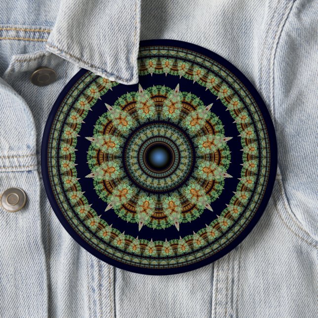 Green fractal fairy mandala 6 cm round badge (In Situ)