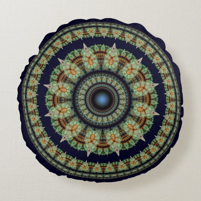 Green fractal fairy mandala round cushion (Front)