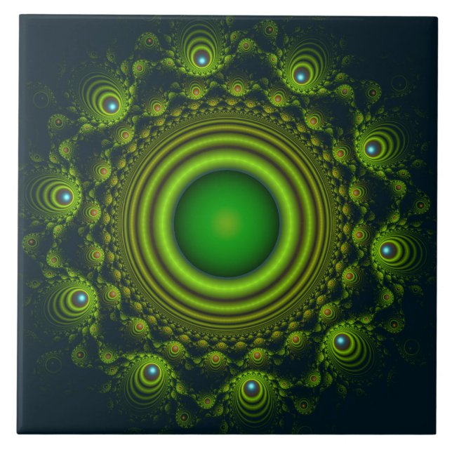 Green fractal hypnotic ornament ceramic tile (Front)