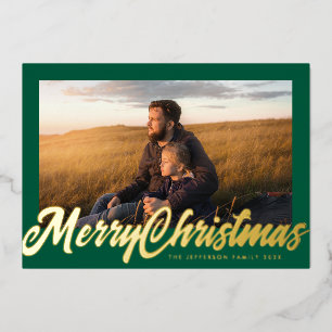 Green Frame & Gold Merry Christmas Photo Foil Holiday Card