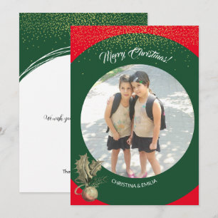 Green Frame One Photo Merry Christmas Holiday Card