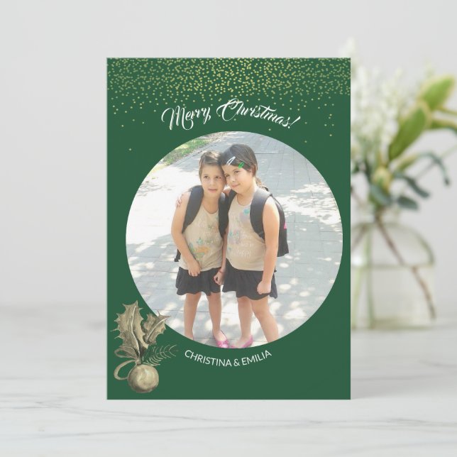 Green Frame One Photo Merry Christmas Invitation (Standing Front)