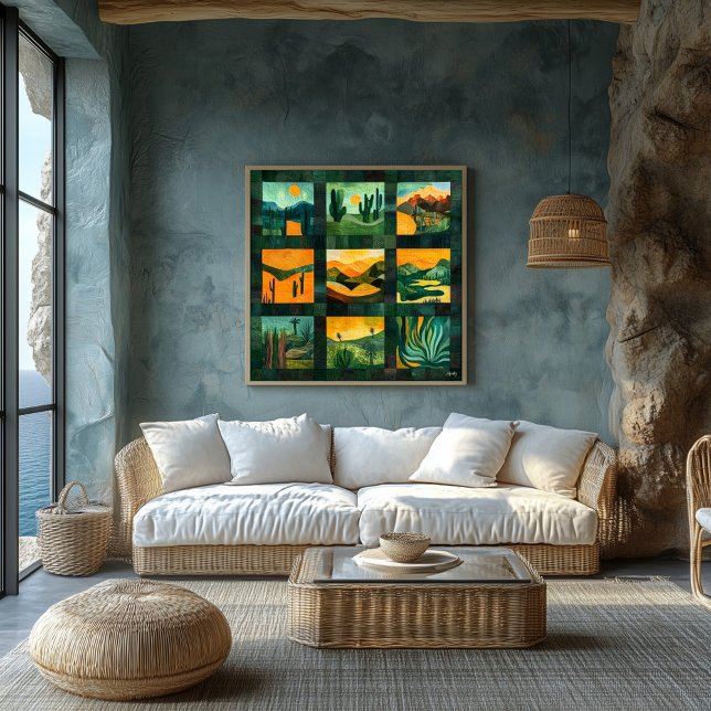 Green Framed Desert Art Grid – Vibrant Geometric Poster (Creator Uploaded)