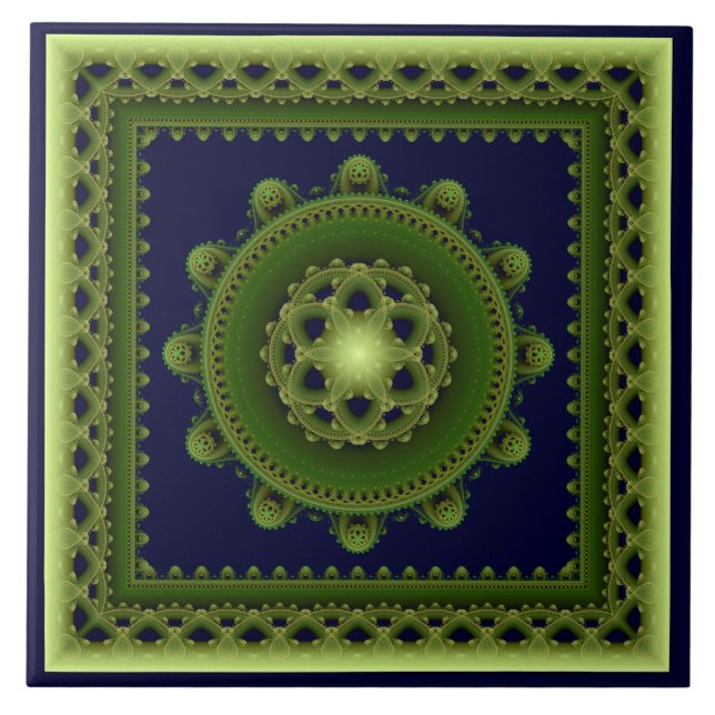 Green framed mandala ceramic tile (Front)