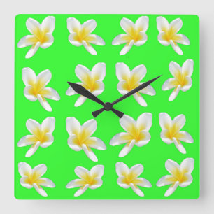 Green Frangipani Delight, Large Square Wall Clock. Clock