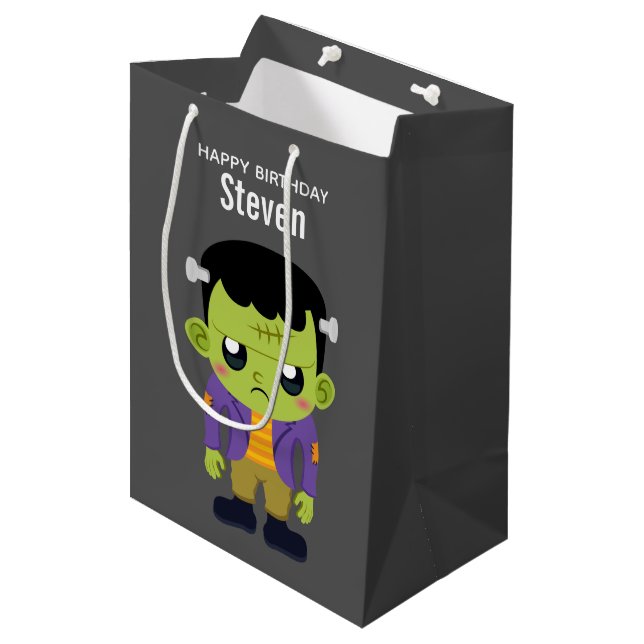  Green Frankenstein Monster Halloween Birthday Medium Gift Bag (Front Angled)
