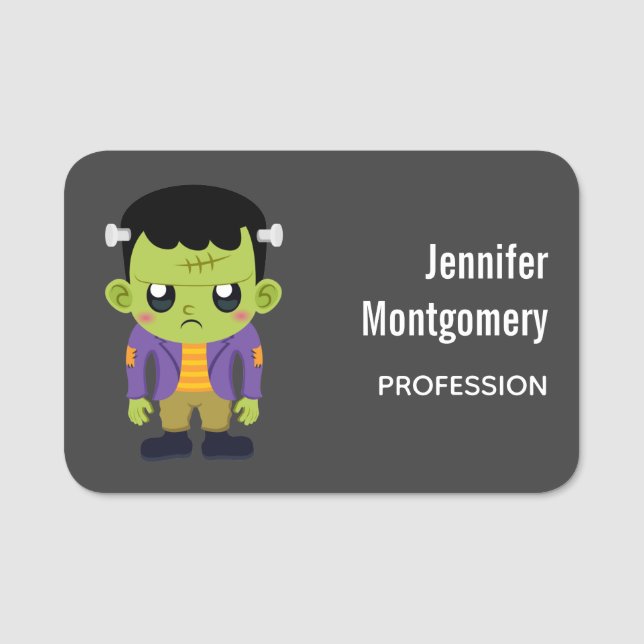 Green Frankenstein Monster Halloween Name Tag (Front)