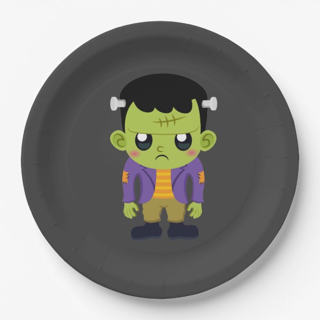 Green Frankenstein Monster Halloween Paper Plate (Front)