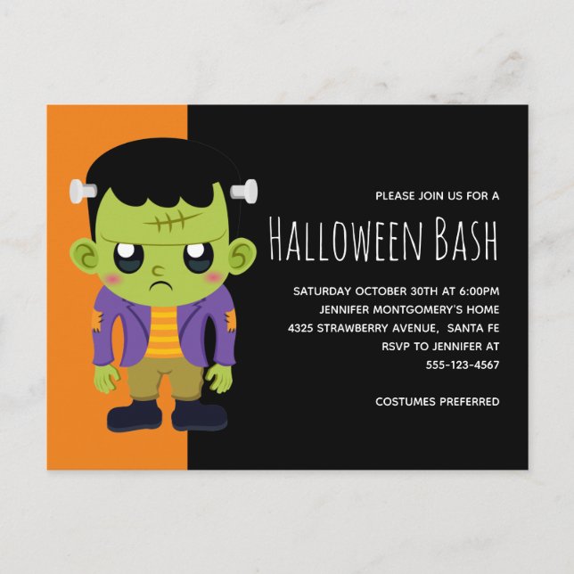Green Frankenstein Monster Halloween Party Invitation Postcard (Front)