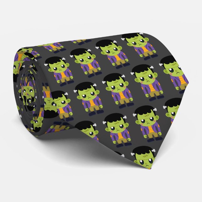 Green Frankenstein Monster Halloween Pattern Tie (Rolled)