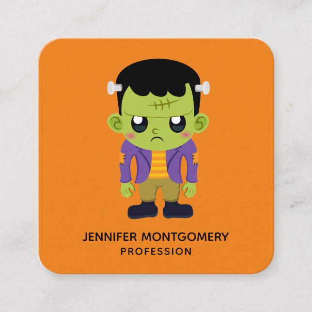 Green Frankenstein Monster Halloween Square Business Card (Front)