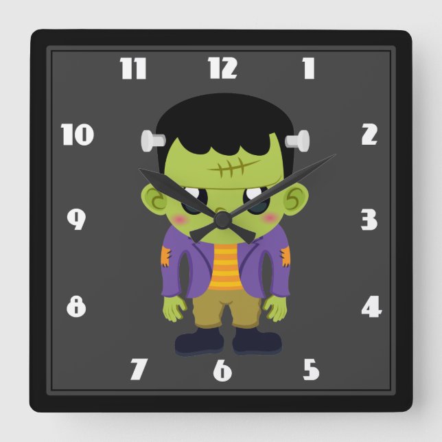 Green Frankenstein Monster Halloween Square Wall Clock (Front)