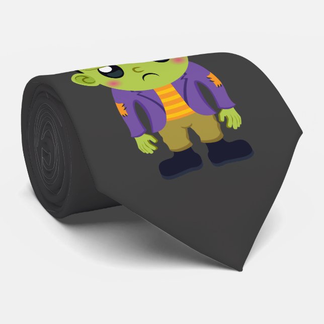 Green Frankenstein Monster Halloween Tie (Rolled)