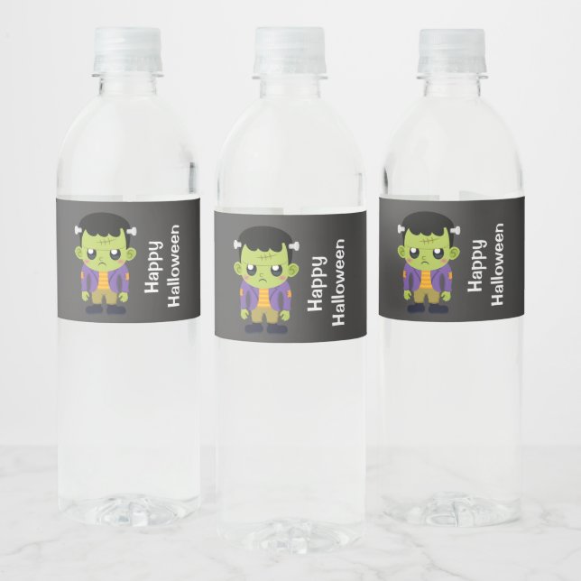 Green Frankenstein Monster Happy Halloween Water Bottle Label (Bottles)