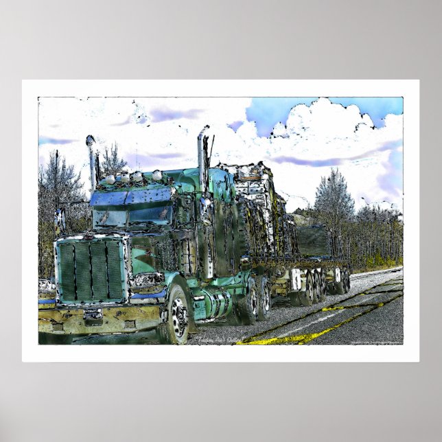 Green Freight Truck Highway Driving Illustration Poster (Front)