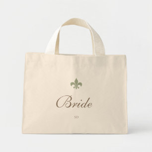 Green French Fleur de Lis Bride Initial Monogram Mini Tote Bag