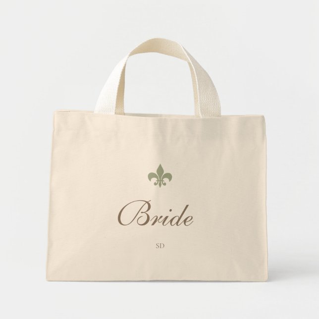 Green French Fleur de Lis Bride Initial Monogram Mini Tote Bag (Front)